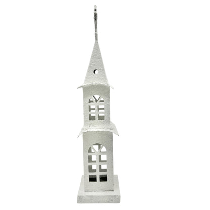 White Metal Church Steeple with Cross Window Cutouts Home Decor Or Candle Holder