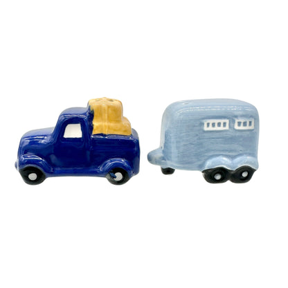 Ceramic Truck and Trailer Salt And Pepper Shaker Set in Blue and Yellow Adorable