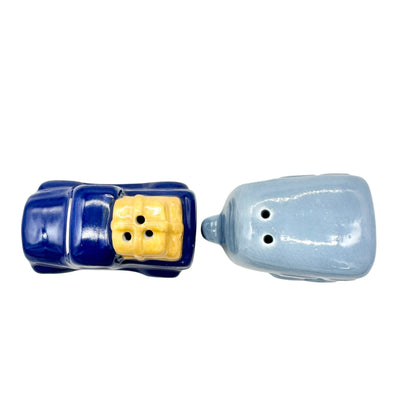 Ceramic Truck and Trailer Salt And Pepper Shaker Set in Blue and Yellow Adorable