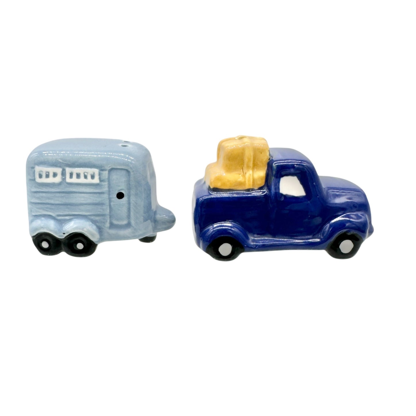 Ceramic Truck and Trailer Salt And Pepper Shaker Set in Blue and Yellow Adorable