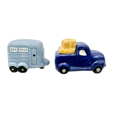Ceramic Truck and Trailer Salt And Pepper Shaker Set in Blue and Yellow Adorable