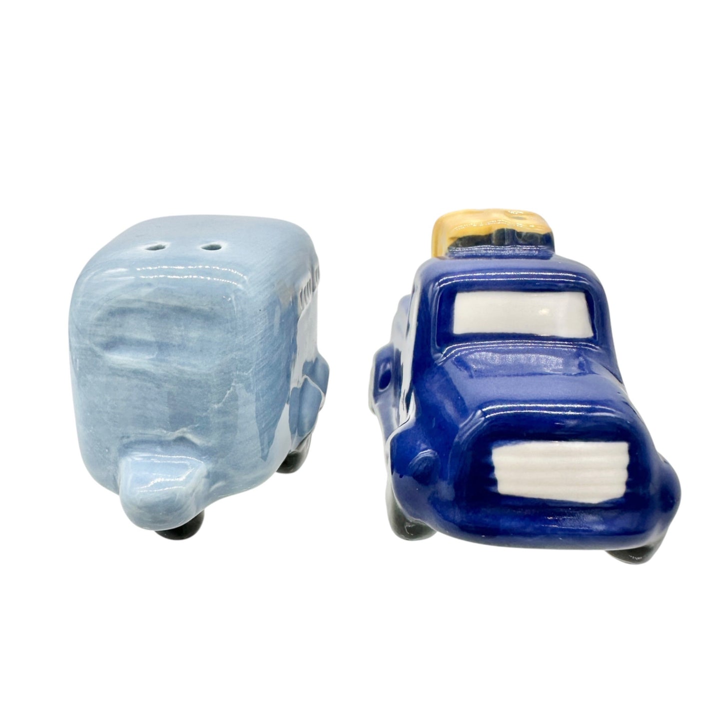 Ceramic Truck and Trailer Salt And Pepper Shaker Set in Blue and Yellow Adorable