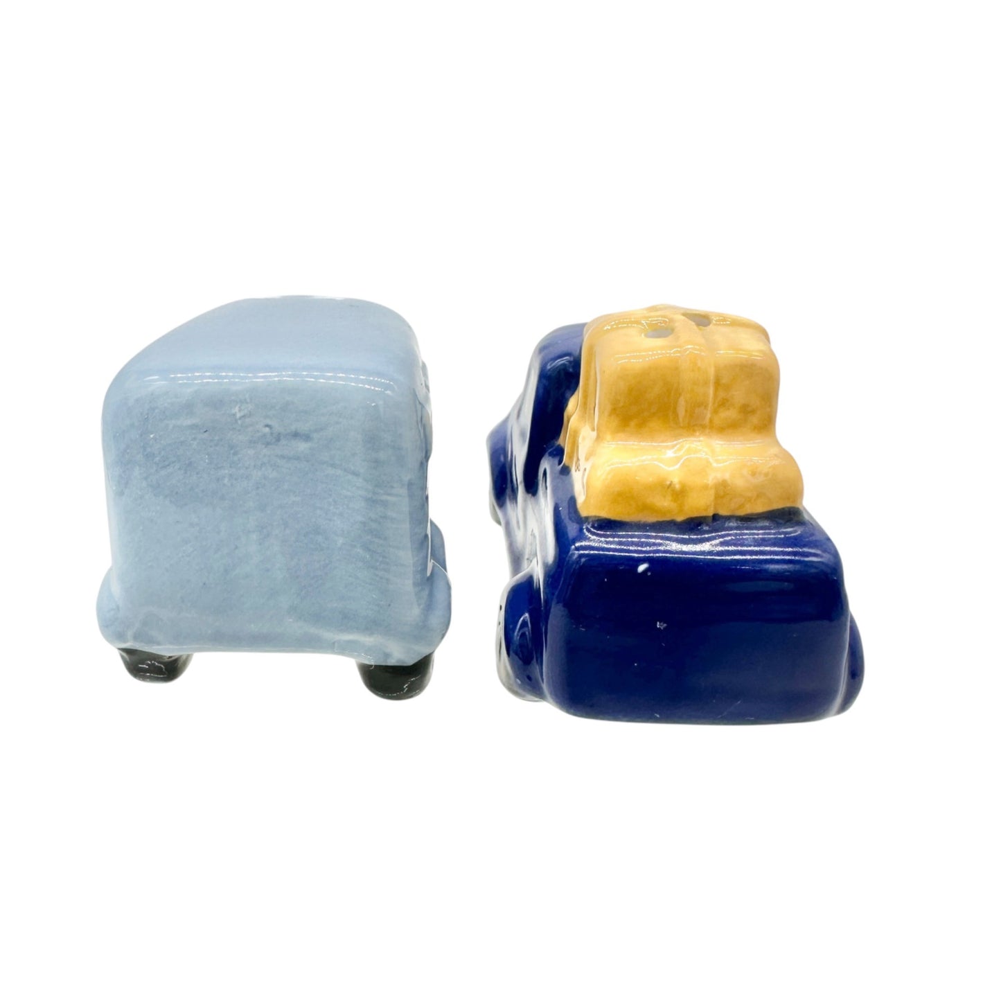 Ceramic Truck and Trailer Salt And Pepper Shaker Set in Blue and Yellow Adorable