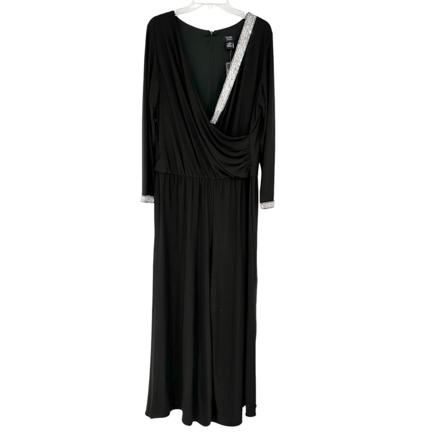 MSK Elegant Jumpsuit Womens 2X Black LS Rhinestone  Trimmed Draped Neckline