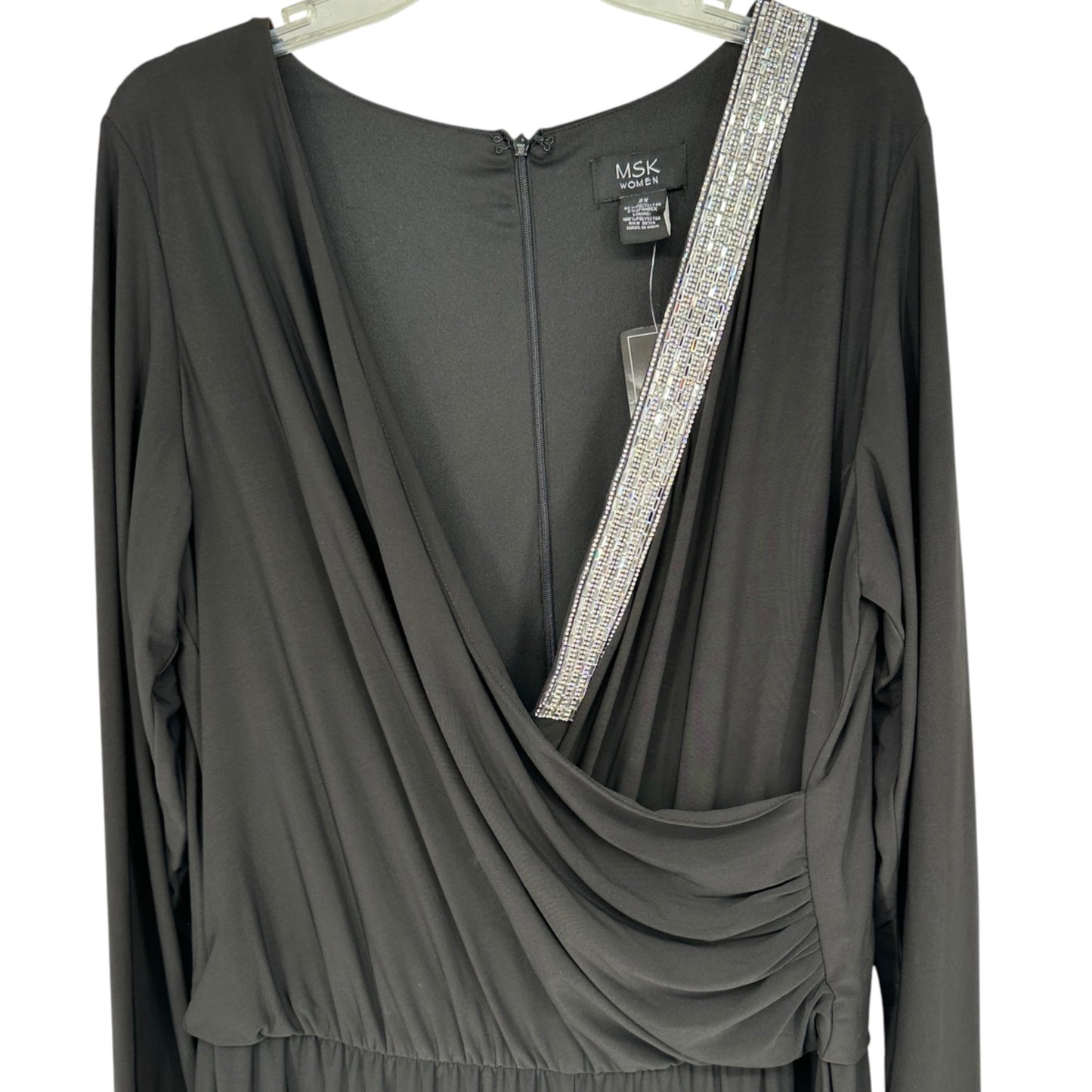 MSK Elegant Jumpsuit Womens 2X Black LS Rhinestone  Trimmed Draped Neckline