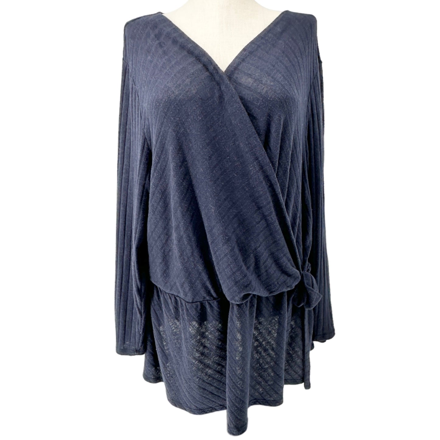 Lane Bryant Sweater Womens 26/28 Navy Gathered Waist Side Tie Crossover Vneck