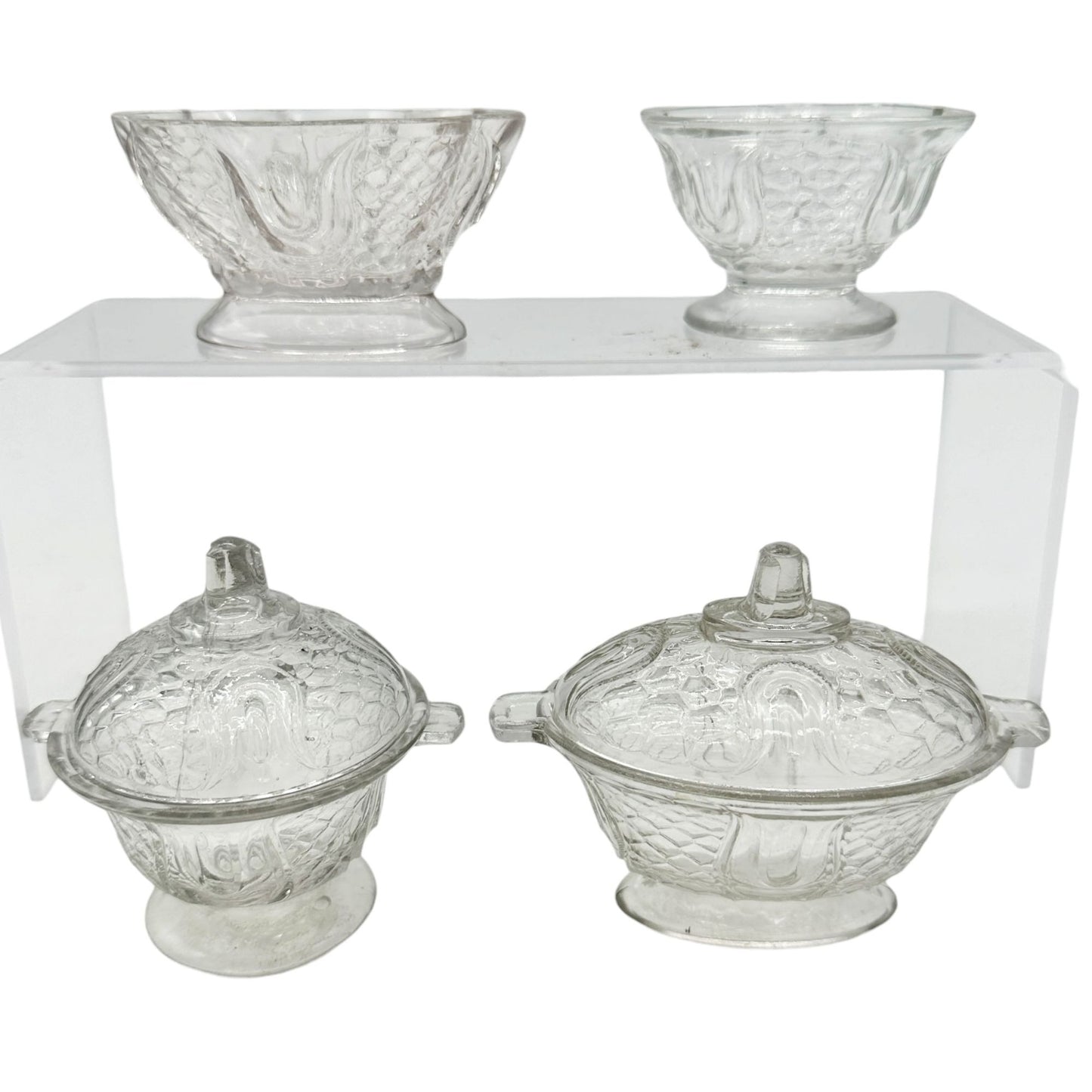 Federal Glass 1914 Wabash Childrens Vegetable 4pc Set Tulip & Honeycomb Pattern
