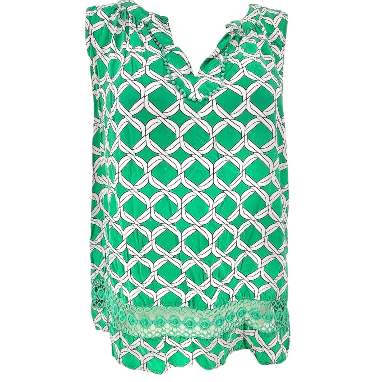 Sleeveless Tunic Top Womens 2X Green White Print Crochet Inset Crown & Ivy Curvy
