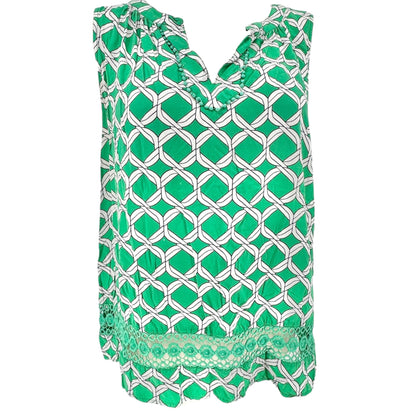 Sleeveless Tunic Top Womens 2X Green White Print Crochet Inset Crown & Ivy Curvy