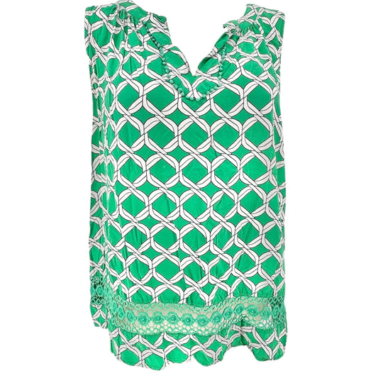 Sleeveless Tunic Top Womens 2X Green White Print Crochet Inset Crown & Ivy Curvy