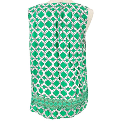 Sleeveless Tunic Top Womens 2X Green White Print Crochet Inset Crown & Ivy Curvy