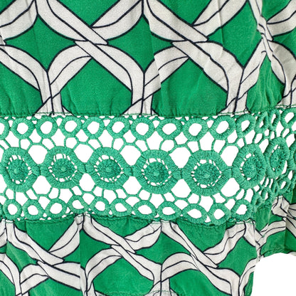Sleeveless Tunic Top Womens 2X Green White Print Crochet Inset Crown & Ivy Curvy