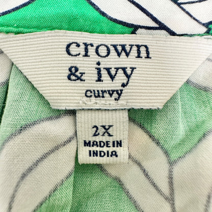Sleeveless Tunic Top Womens 2X Green White Print Crochet Inset Crown & Ivy Curvy