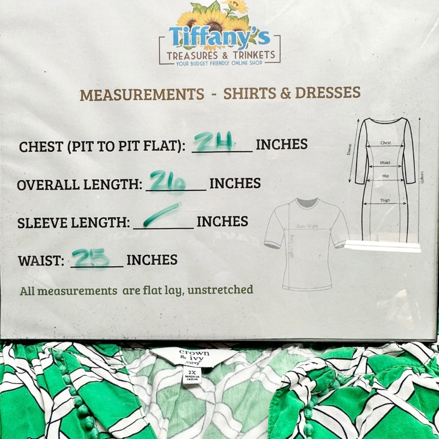 Sleeveless Tunic Top Womens 2X Green White Print Crochet Inset Crown & Ivy Curvy