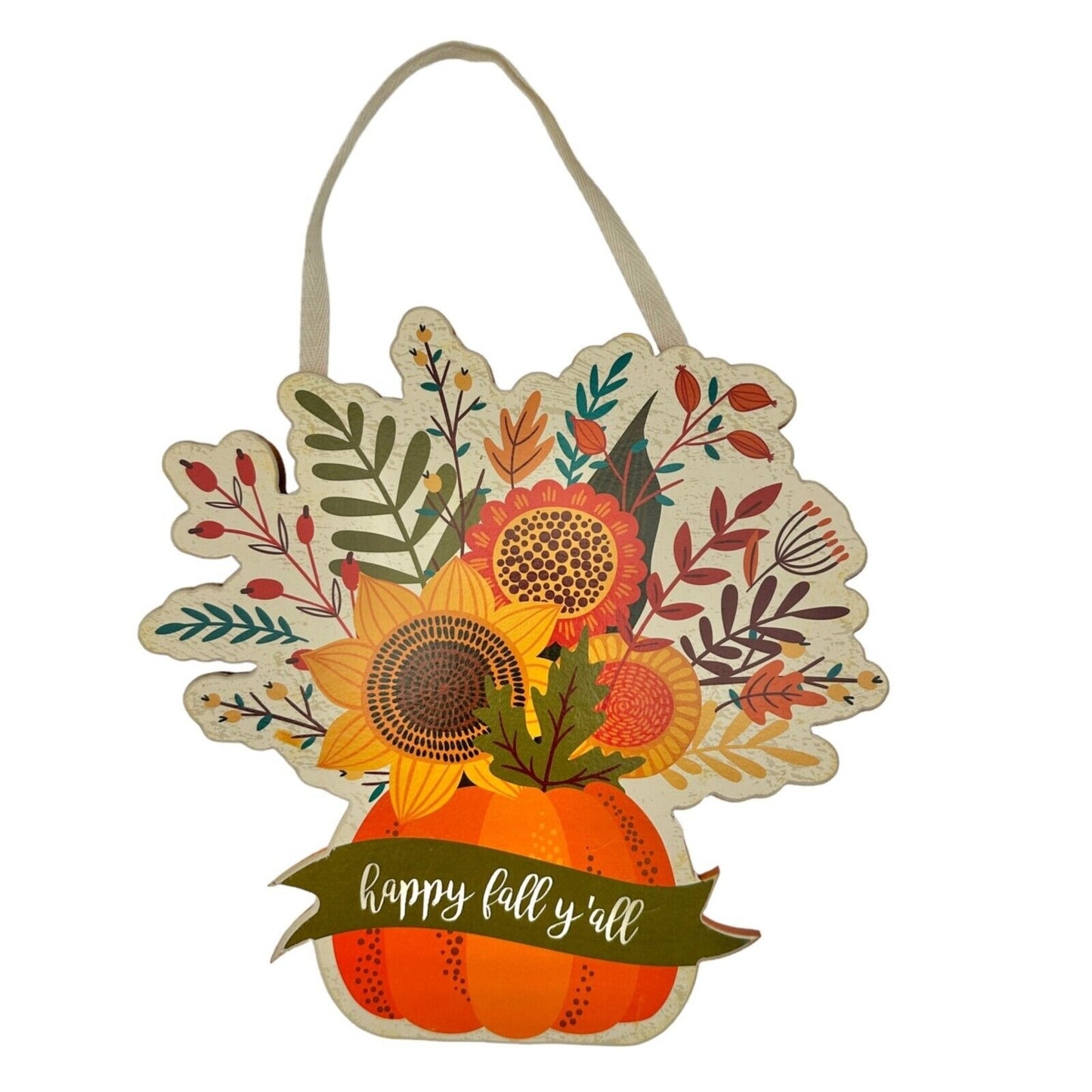 Primitives by Kathy Wooden Hanging Sign Happy Fall Ya'll Autumn Flowers NWT