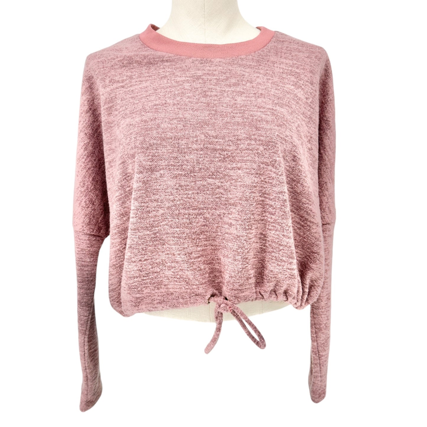 Cure Drawstring Hem Crop Top Womens M Heathered Pink Long Sleeve Polyester Blend