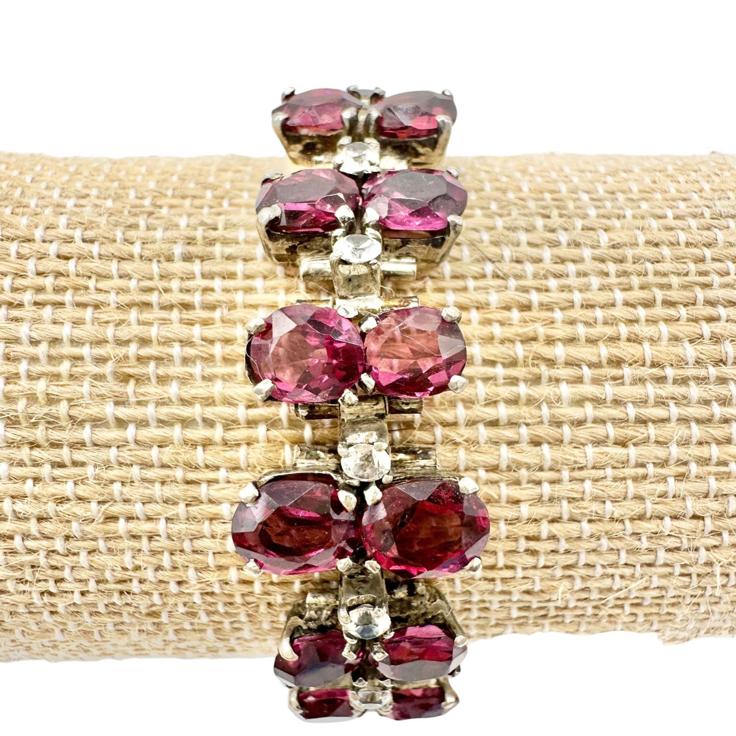 Vintage Faux Ruby Rhinestone Bracelet Silvertone Setting Fold Over Clasp 6.5"