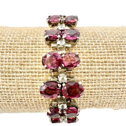 Vintage Faux Ruby Rhinestone Bracelet Silvertone Setting Fold Over Clasp 6.5"