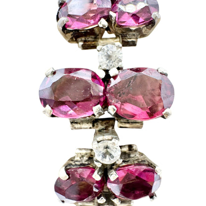 Vintage Faux Ruby Rhinestone Bracelet Silvertone Setting Fold Over Clasp 6.5"