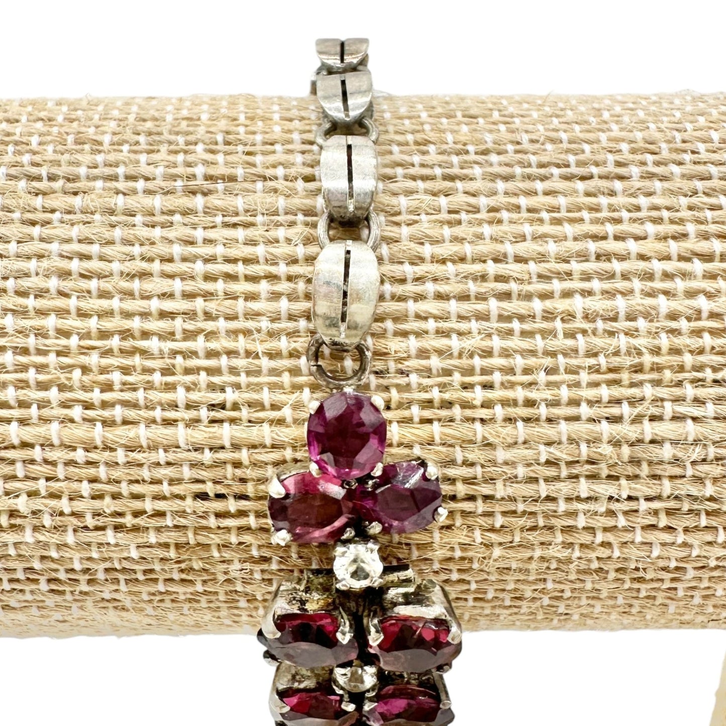 Vintage Faux Ruby Rhinestone Bracelet Silvertone Setting Fold Over Clasp 6.5"