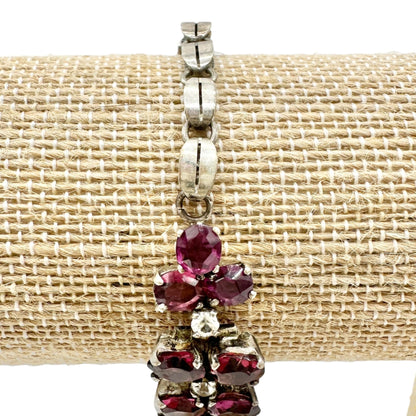 Vintage Faux Ruby Rhinestone Bracelet Silvertone Setting Fold Over Clasp 6.5"