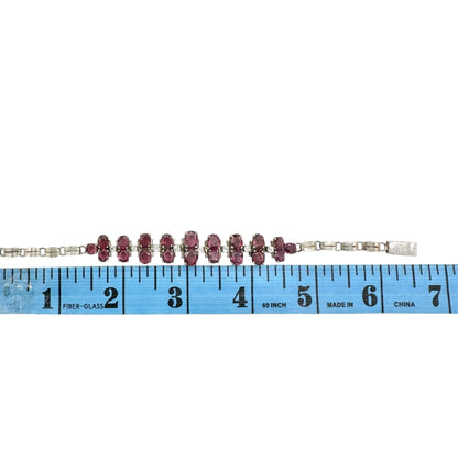 Vintage Faux Ruby Rhinestone Bracelet Silvertone Setting Fold Over Clasp 6.5"