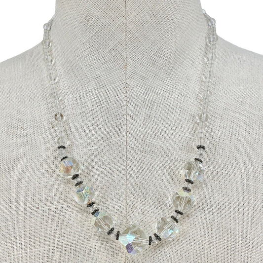 Handmade Necklace Clear Beads and Silvertone Accent Pieces 20" Long