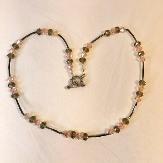 Handcrafted Beaded Necklace Brown & Pink Crystal Beads Simple Long Jewelry NEW