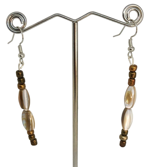 Handcrafted Bead Drop Earrings Bronze & White Swirled Beads Fun Eye Catching NEW