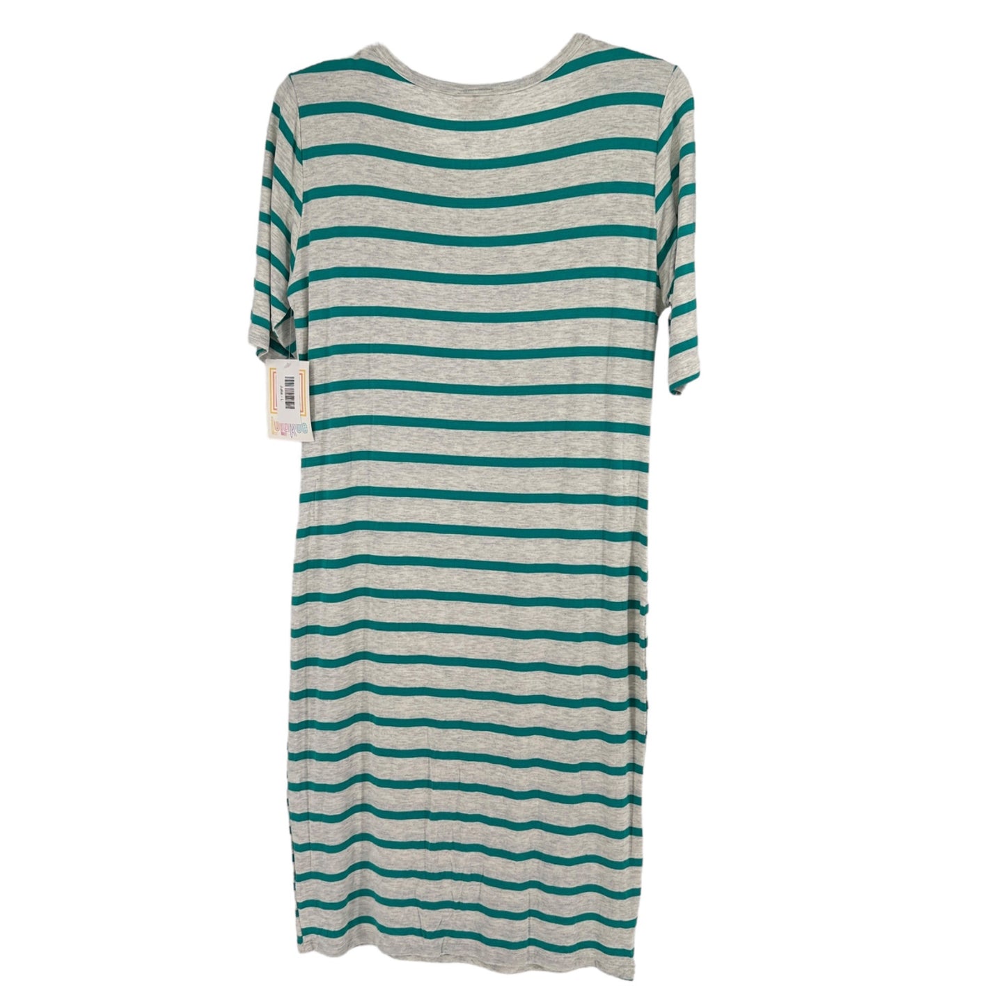 LuLaRoe Retired Julia Dress L Teal and White Striped SS Form Fitting NWT