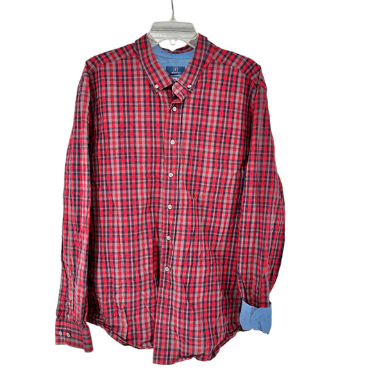 George Classic Fit Plaid Shirt Mens 2XL 50-52 Red Blue LS Button-Down Collar