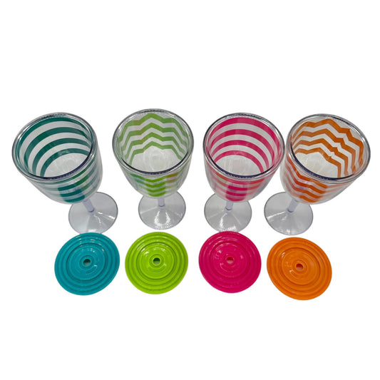 Plastic Wine Glasses with Lids Set of 4 Multicolor Striped & Chevron Designs