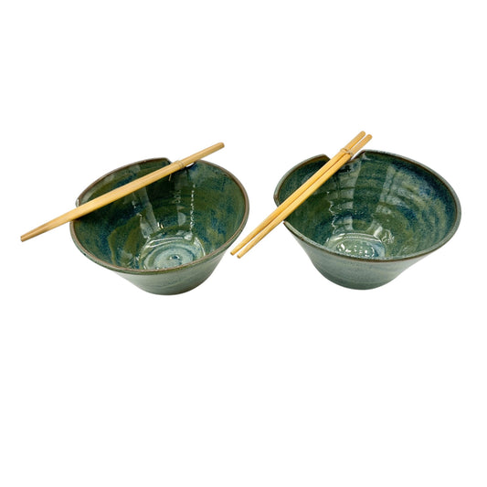 Set Of 2 Handmade Ceramic Rice Bowls With Chopsticks 7 Inch Green Blue Glaze