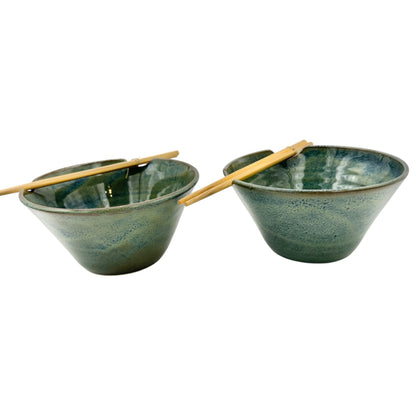Set Of 2 Handmade Ceramic Rice Bowls With Chopsticks 7 Inch Green Blue Glaze