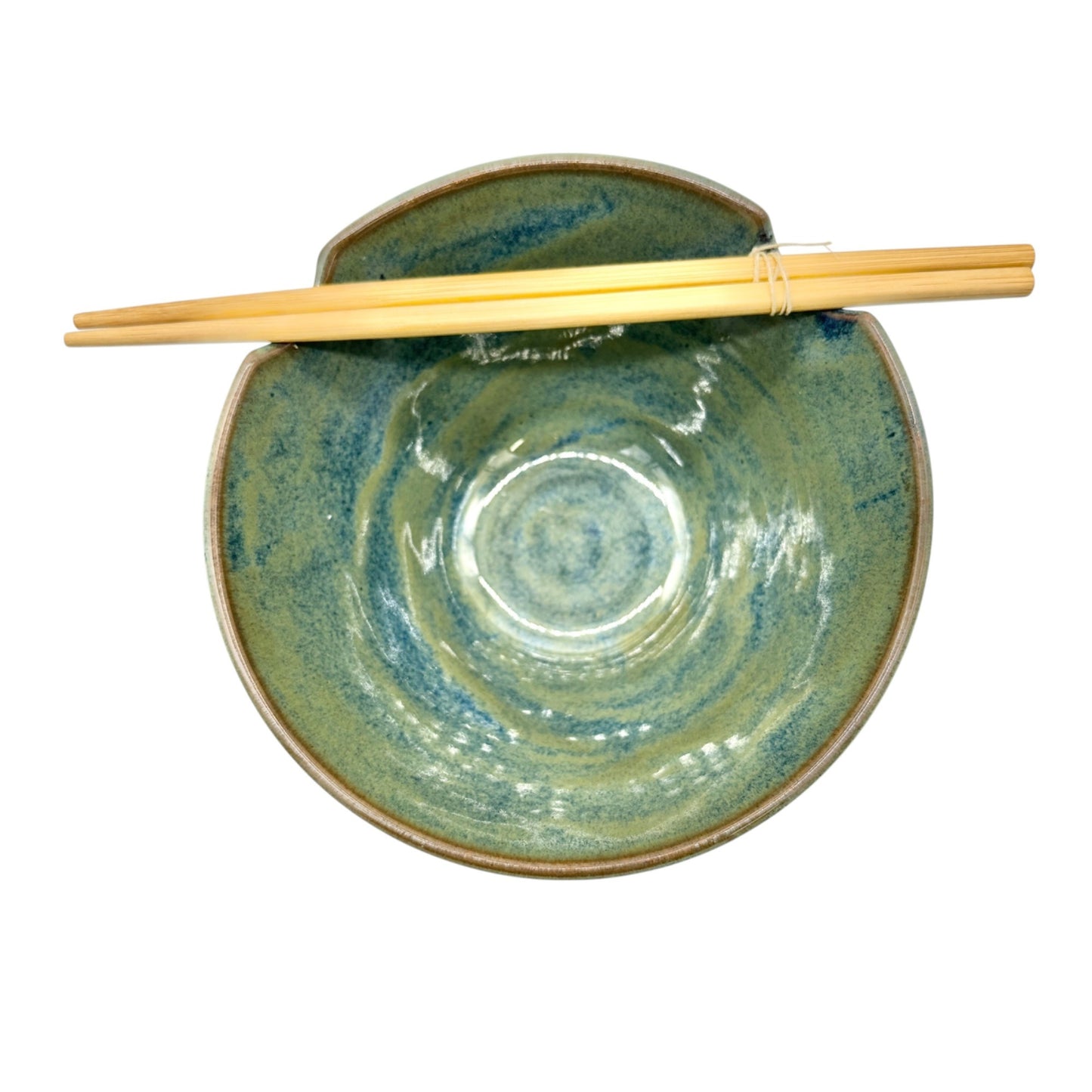 Set Of 2 Handmade Ceramic Rice Bowls With Chopsticks 7 Inch Green Blue Glaze