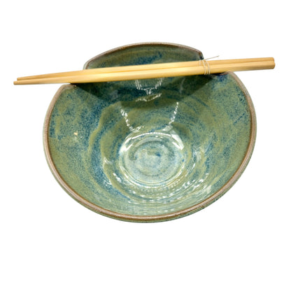 Set Of 2 Handmade Ceramic Rice Bowls With Chopsticks 7 Inch Green Blue Glaze