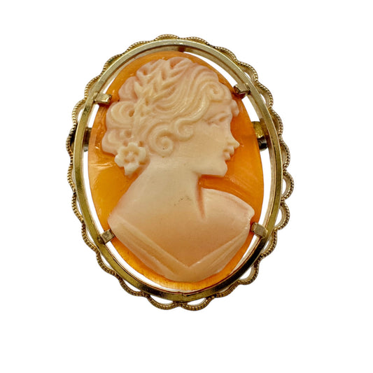 Vintage Shell Cameo Brooch or Pendant Oval Gold Tone Frame Dual Use Elegant