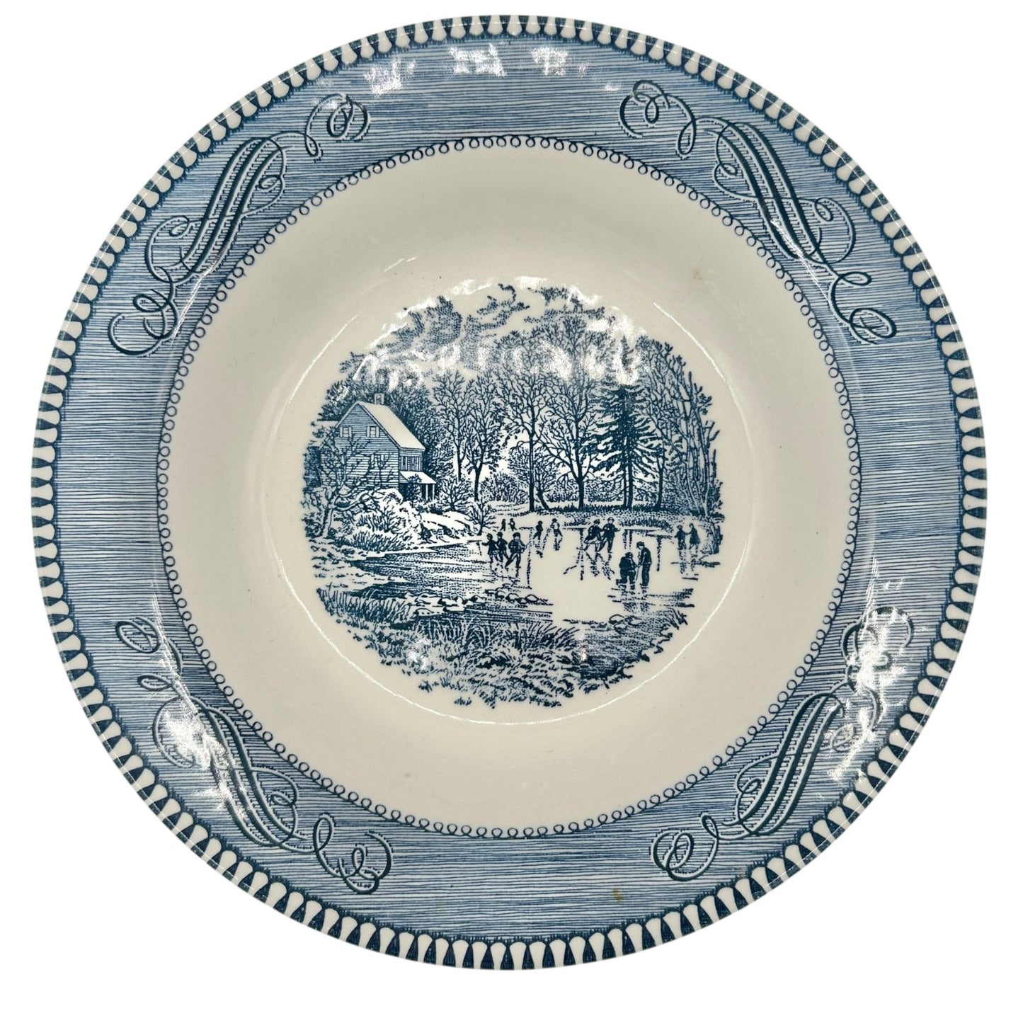 Currier and Ives Early Winter Royal Dinner Bowl 8 inch Blue White Underglaze USA