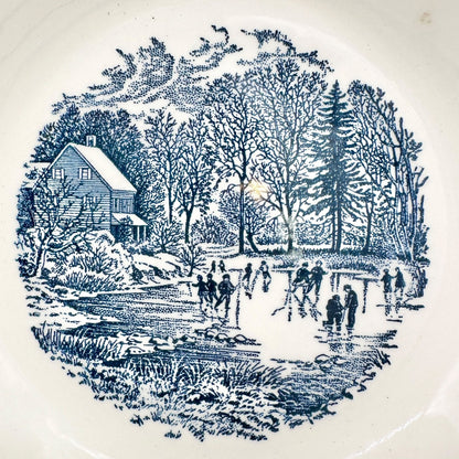 Currier and Ives Early Winter Royal Dinner Bowl 8 inch Blue White Underglaze USA