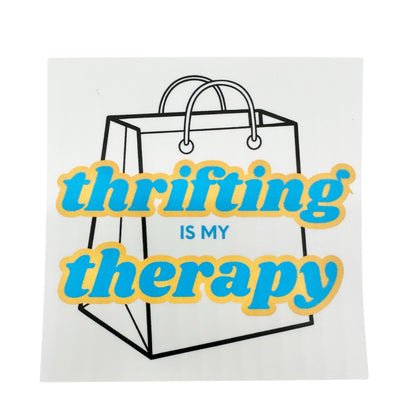 Thrifting Is My Therapy Sticker 2.5-Inch Square White Blue Yellow