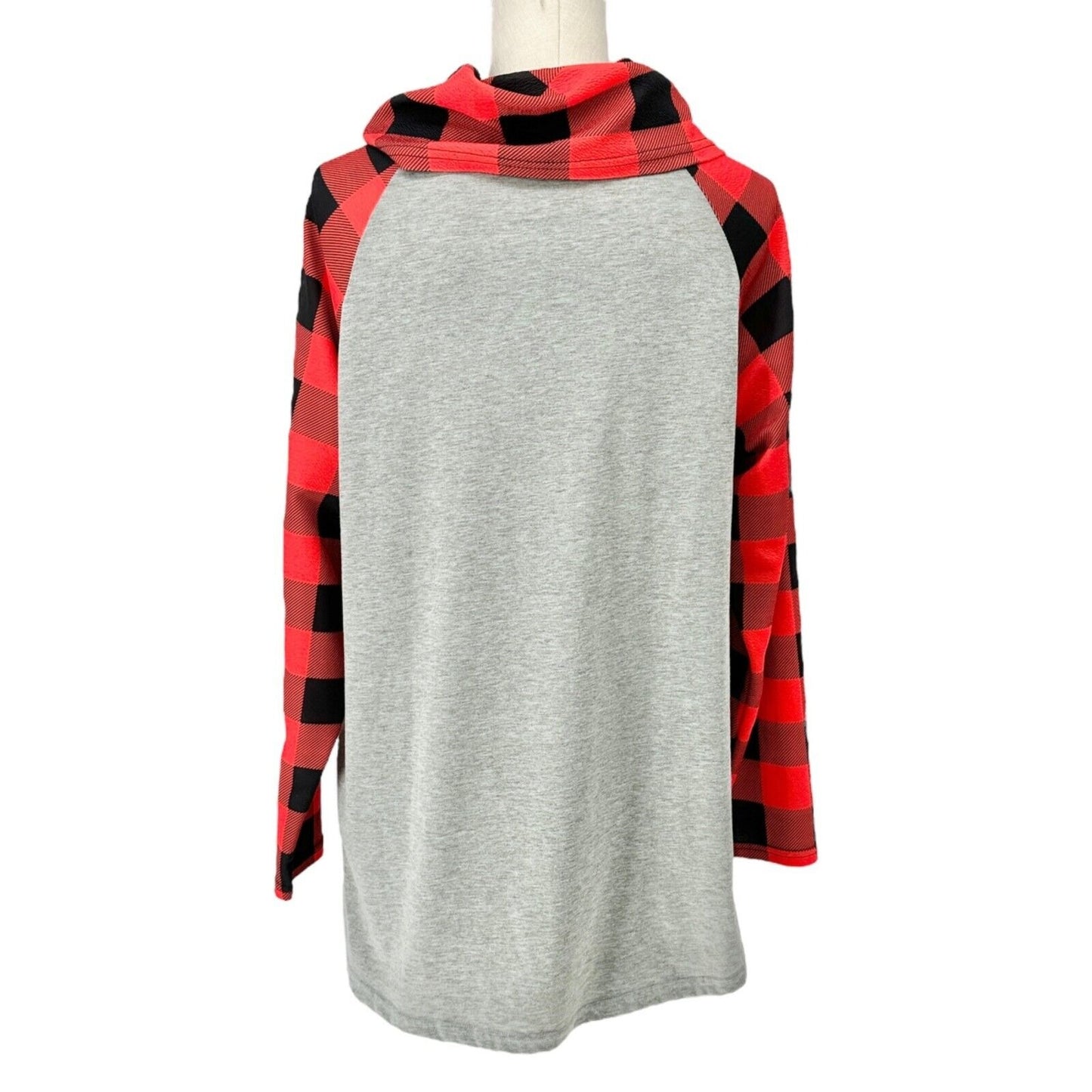 Pullover Tunic Women's XL Gray Red Black Buffalo Plaid Cowl Neck Pockets LS Deer