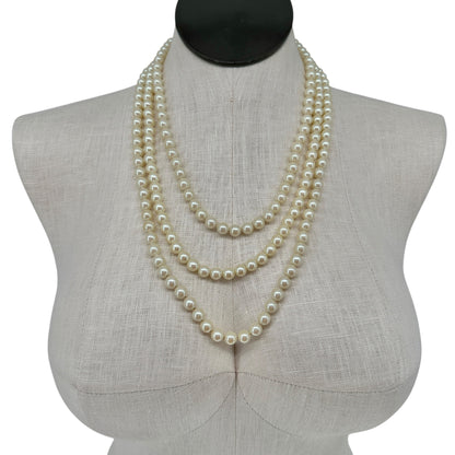 Vintage Triple-Strand Faux Pearl Necklace With Gold-Tone Rhinestone Clasp