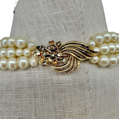 Vintage Triple-Strand Faux Pearl Necklace With Gold-Tone Rhinestone Clasp