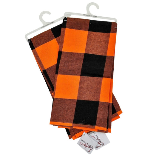 Primitives by Kathy Dish Towels 20x28 Orange Black Plaid Fall Halloween  NWT