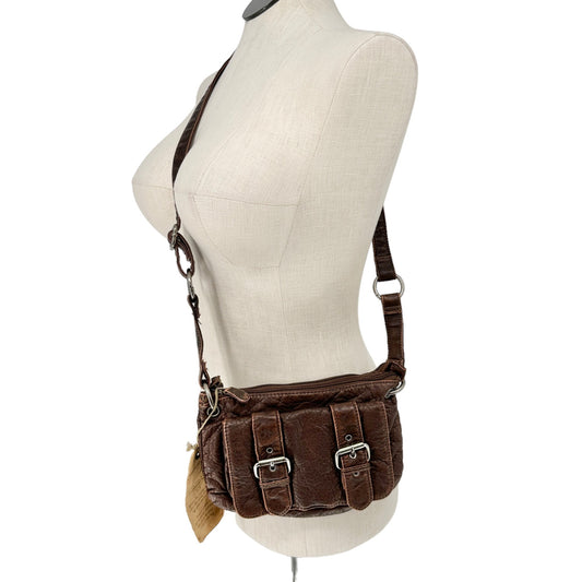 Sparrow True Crossbody Handbag Purse Brown Leather Adj Strap Buckle Accents NWT