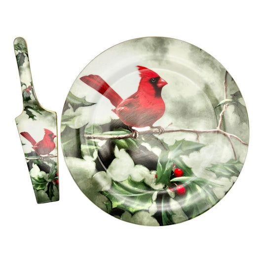 Hautman Bros Collection Christmas Cardinal in Holly China Pie Plate & Server