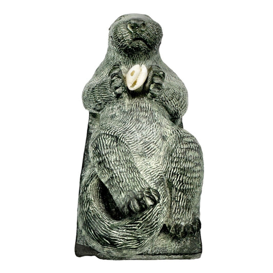 The Wolf Sculptures Soapstone Sea Otter with Shell Gray 4.5 x 2.5 x 2.5