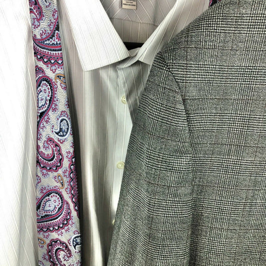 Jos A Banks Men's Suit/Shirt/Tie Set Gray White purple paisley 50 long 45 waist