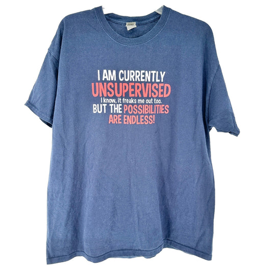 I Am Currently Unsupervised T-Shirt XL Blue w Red White Lettering Gildan