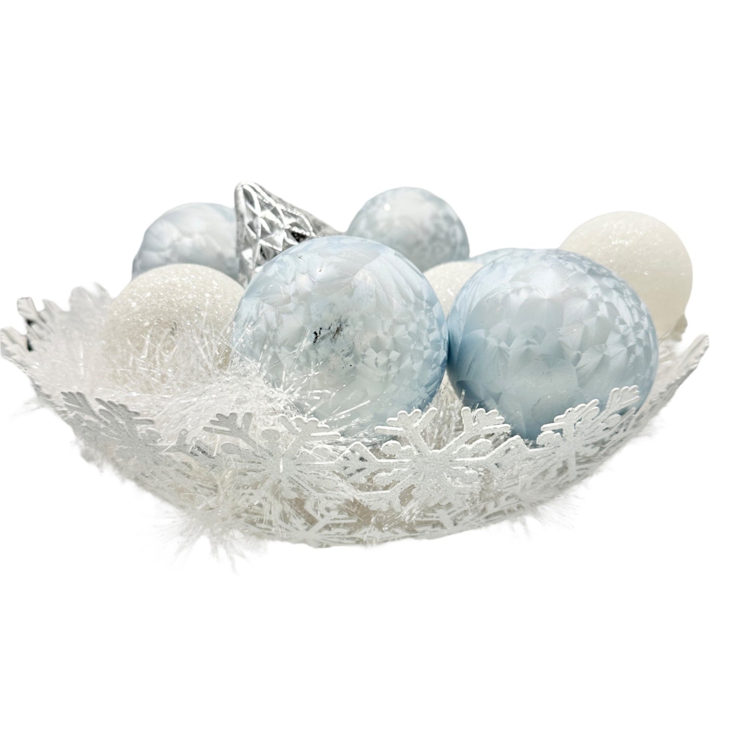 Snowflake Cutout Bowl White With White Garland and Blue White Ornaments Set